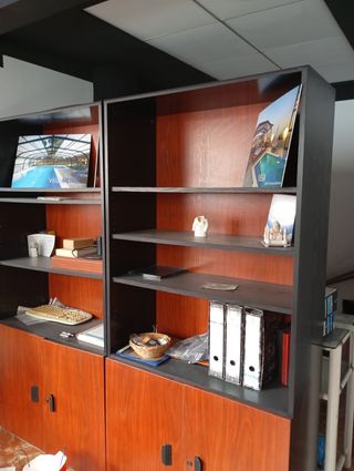 Tavolo da ufficio in mogano con librerie
