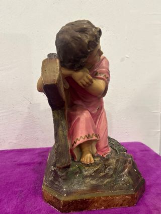 Antiguo niño jesus en cruz, ojos de cristal 32cm