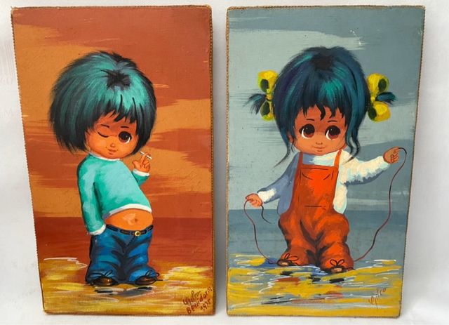 PAREJA DE OLEOS VINTAGE DE NIÑO Y NIÑA