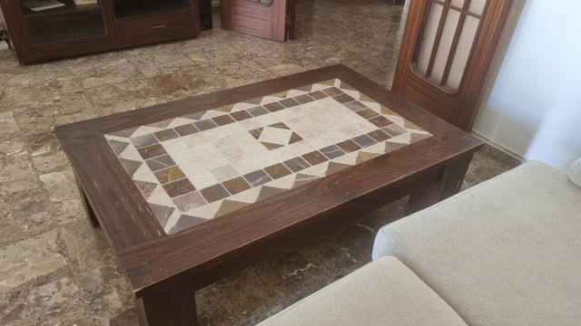 Mesa salón de roble y mármol