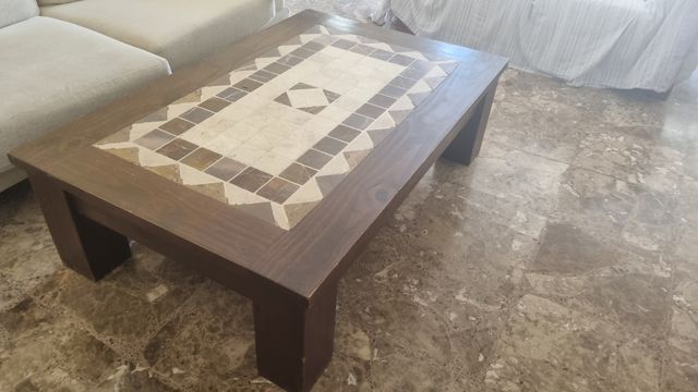 Mesa salón de roble y mármol