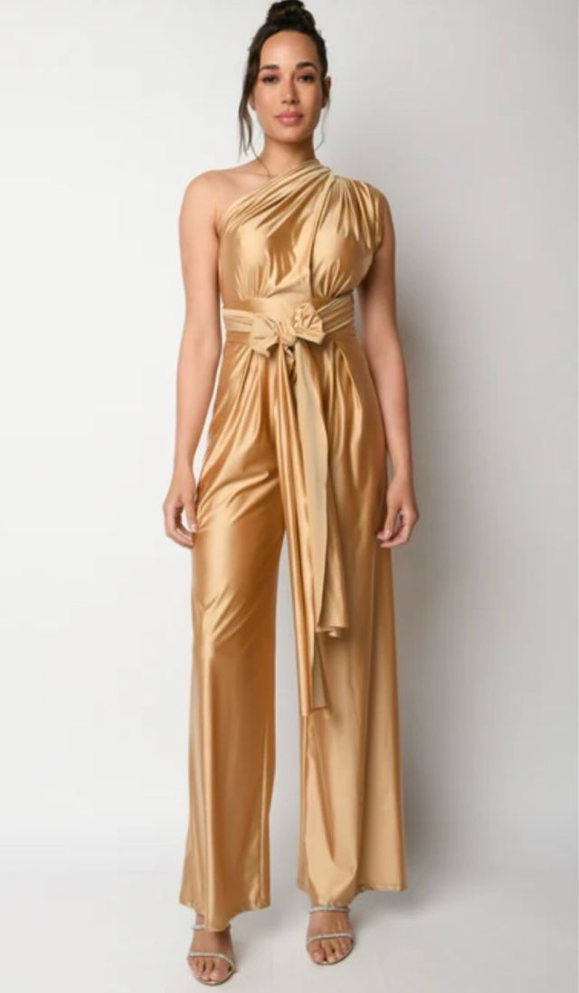 Tuta Infinity in raso stretch beige dorato