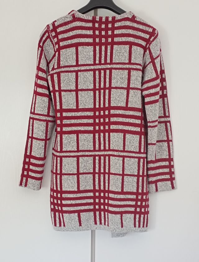 Chaqueta larga gris con rayas granates REBAJADO