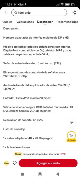 Cable display port a HDMI 4K 1.8m