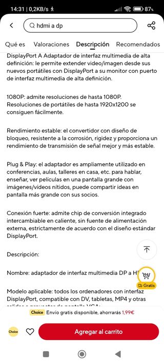 Cable display port a HDMI 4K 1.8m