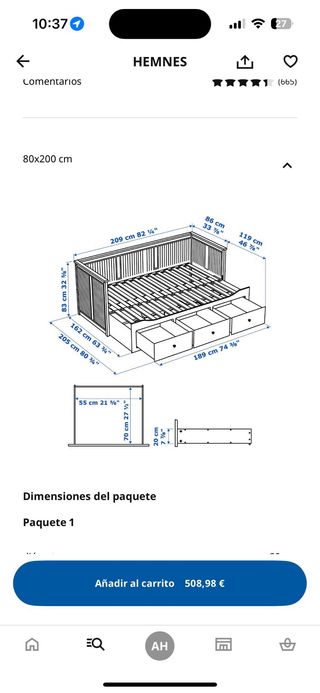HEMNES Estructura diván con 3 cajones