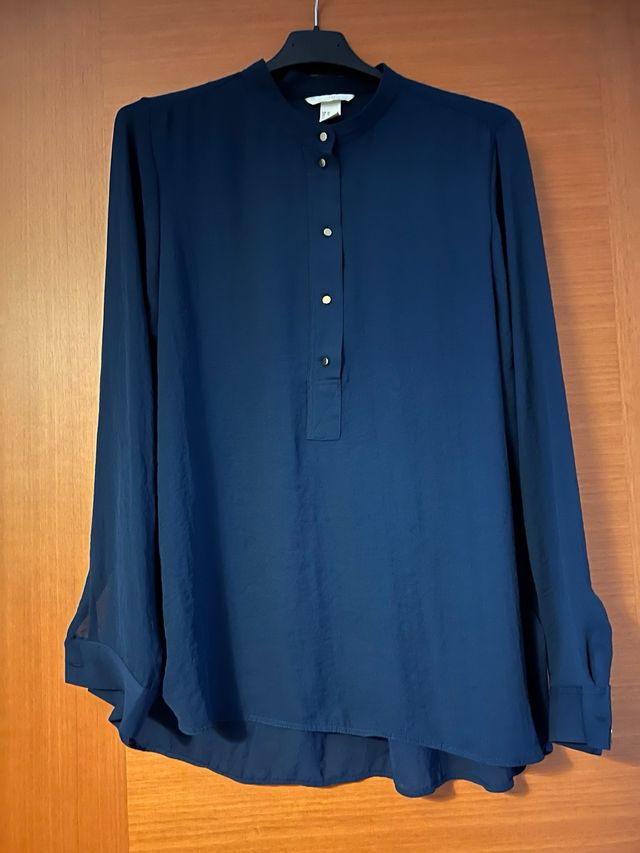 Camicia manica lunga blu collo alla coreana