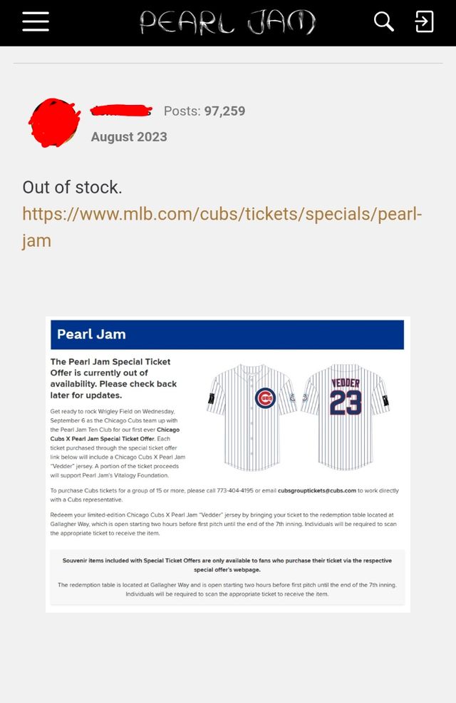 Camiseta Pearl Jam Eddie Vedder Chicago Cubs XXL