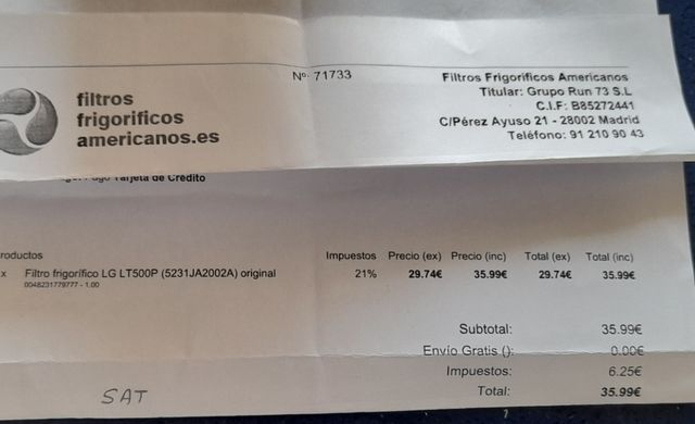 FILTRO PARA  FRIGORÍFICO AMERICANO,  LT500P MARCA