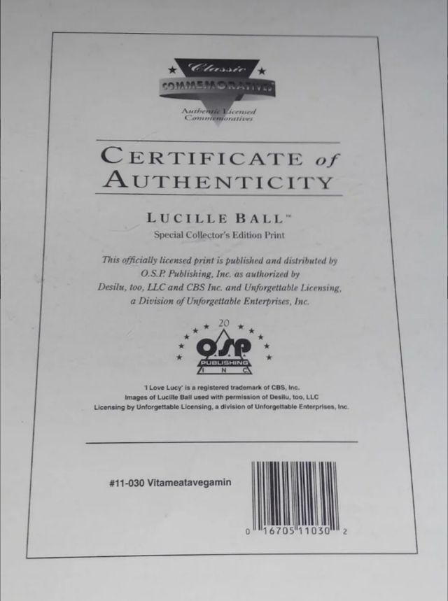 Certificado autenticidad I love Lucy