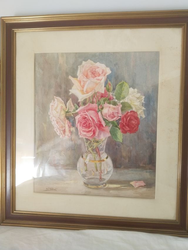 Cuadro Acuarela años 50, firmada, rosas