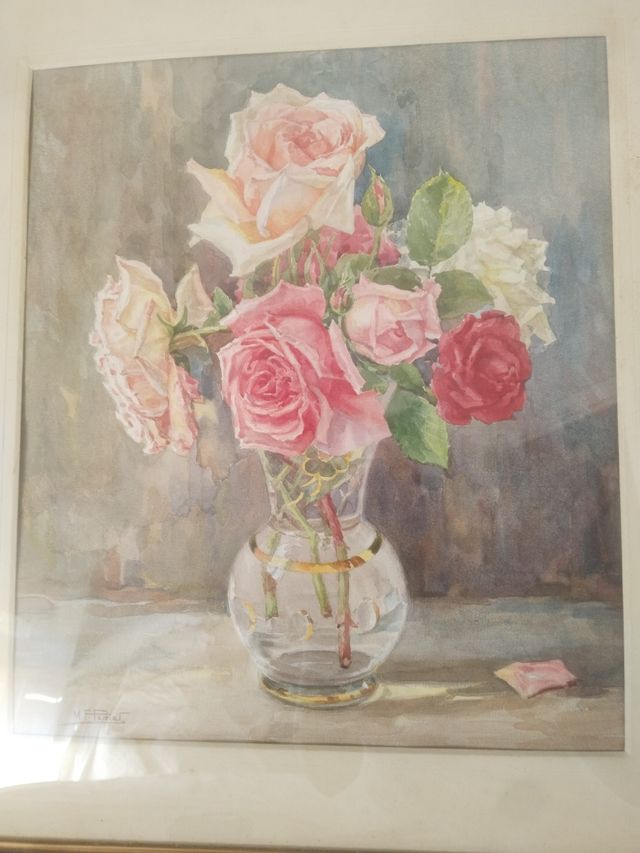 Cuadro Acuarela años 50, firmada, rosas