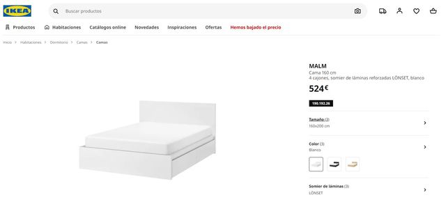 Cama Ikea MALM 160 cm 4 cajones blanca y mesita