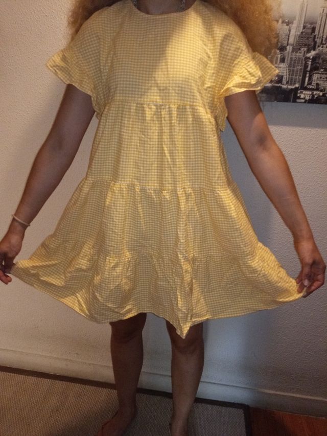 Vestido cuadradritos amarillo y blanco