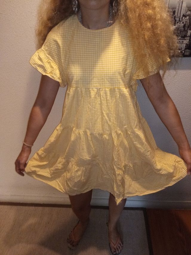 Vestido cuadradritos amarillo y blanco