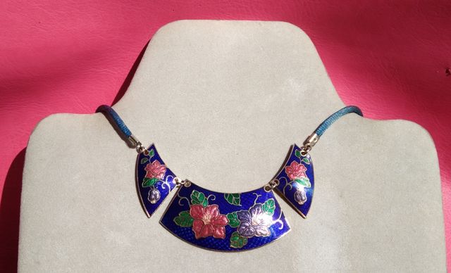 Collana cloisonne' smaltata blu floreale vintage