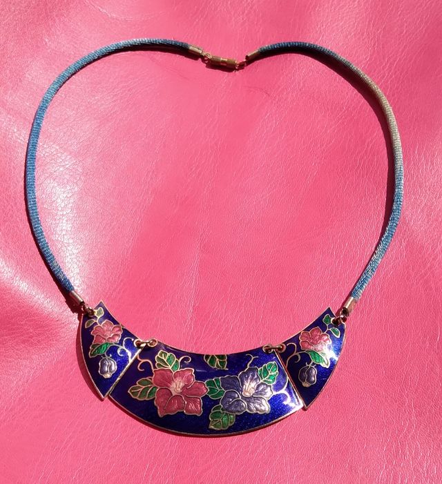 Collana cloisonne' smaltata blu floreale vintage