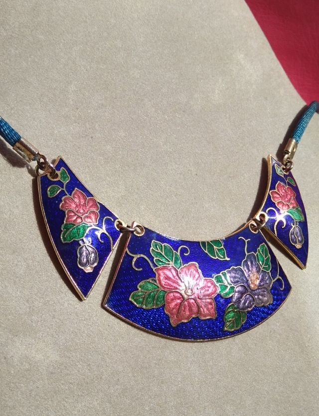 Collana cloisonne' smaltata blu floreale vintage