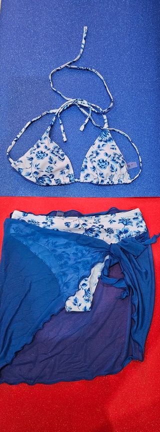 Bikini Mujer de 3 Piezas con Pareo Liso Estampado