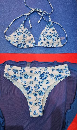 Bikini Mujer de 3 Piezas con Pareo Liso Estampado