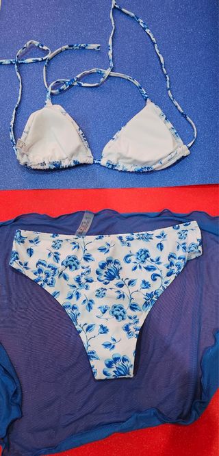 Bikini Mujer de 3 Piezas con Pareo Liso Estampado