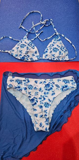 Bikini Mujer de 3 Piezas con Pareo Liso Estampado