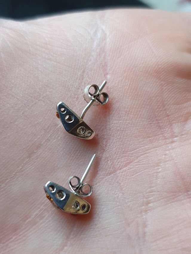 Antiguos pendientes artesanos plata y piedra ambar