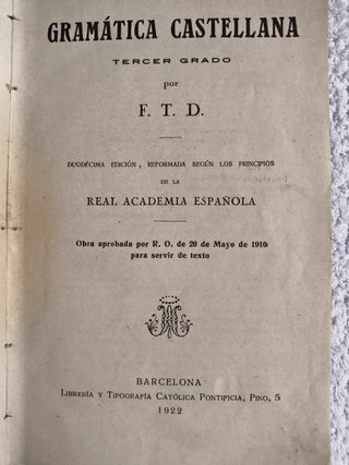 ANTIGUO LIBRO GRAMÁTICA CASTELLANA AÑO 1922