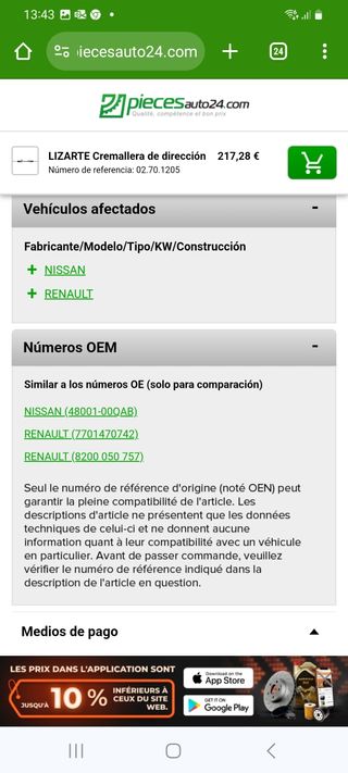 Cremallera dirección Renault Kangoo Ref 02.70.1205