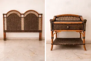 Cabecero de cama y mesitas de mimbre