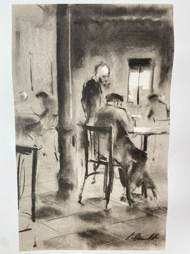 Litografía Jaume Queralt “Viejos en el café”