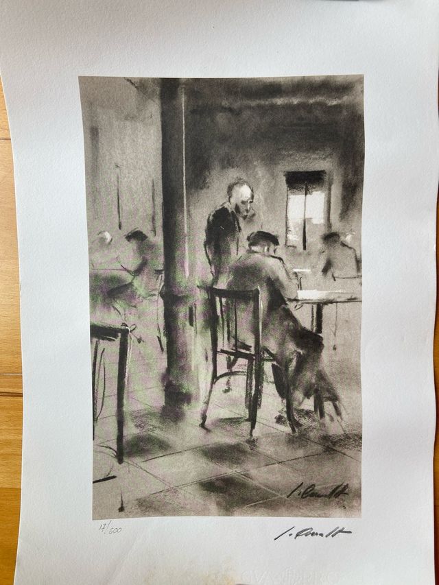 Litografía Jaume Queralt “Viejos en el café”