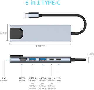 Hub USB C 6 en 1 , Adaptador HDMI 4K , 1 USB 3.0,