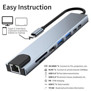 HUB USB C 8 en 1 con HDMI 4K, PD de 87 W, USB 3.0,