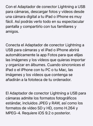 Adaptador de conector LIGTHNING a USB para cámaras