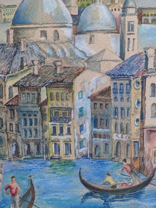 Acuarela de gondoleros en Venecia