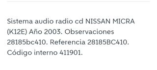 Radio nissan micra 2003 (Con código)