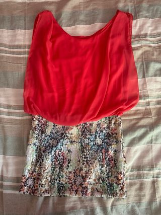 Vestido fiesta lentejuelas y gasa coral