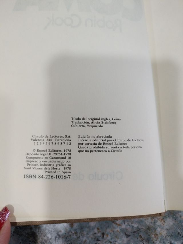 Libro Robin Cook en coma