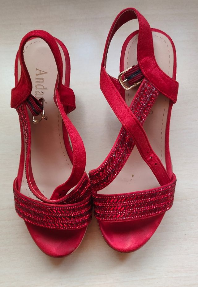 Sandalias esparto tacón 8cm rojo 36