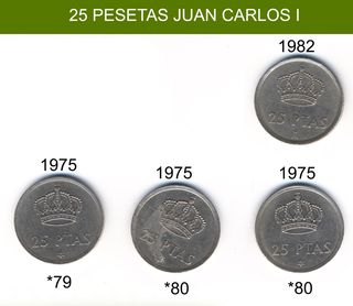 4 Monedas 25 pesetas Juan Carlos. Todas por 1'20€