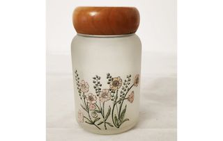 Frasco de vidro branco fosco com tampa de madeira