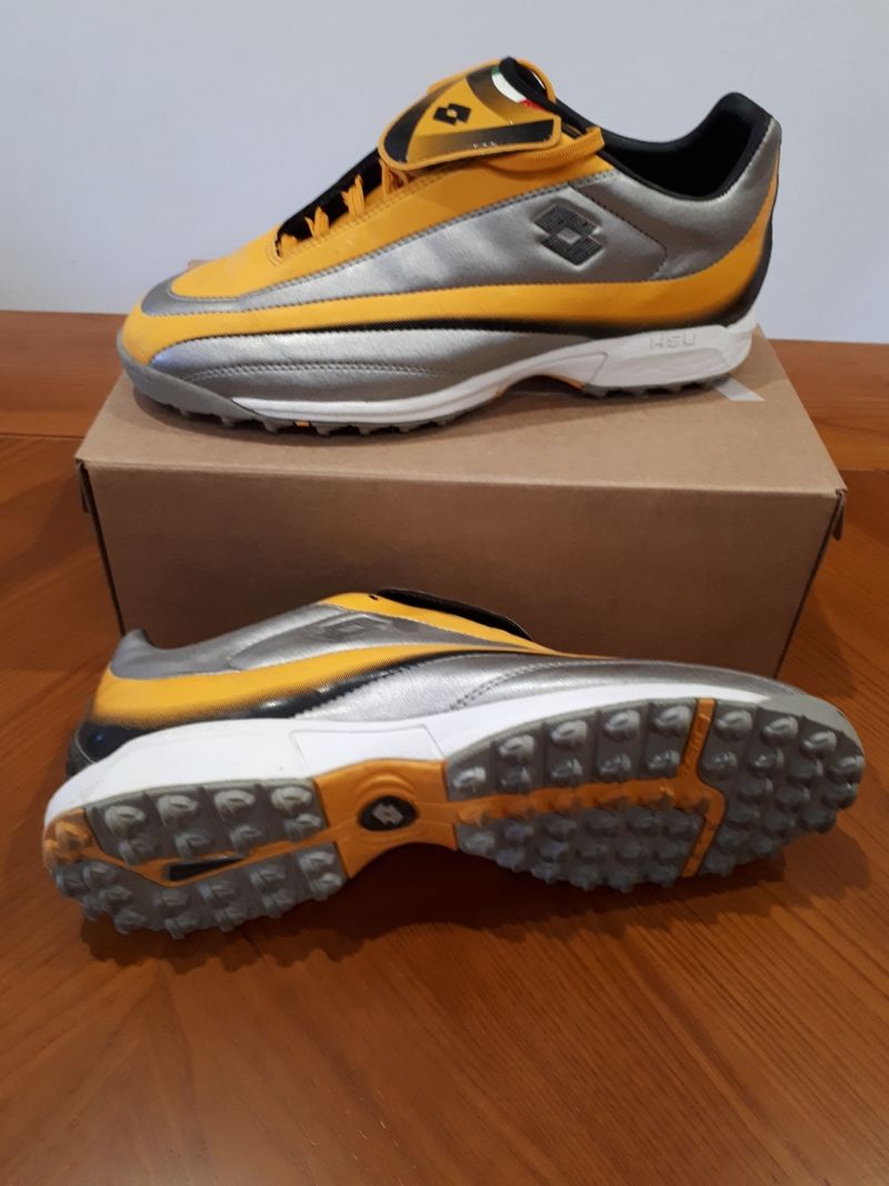 Chaussures De Foot Vintage Lotto Sheva Speed FG-3F - Taille 41 EU, Jaune/gris, Occasion Très Bon état