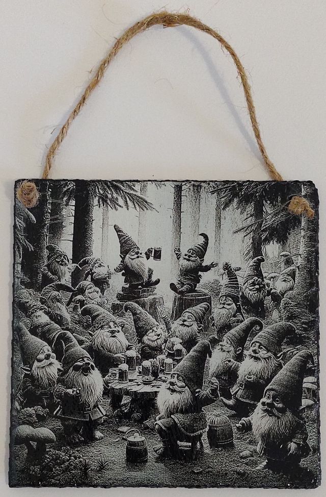 Quadro inciso su ardesia con gnomi nel bosco