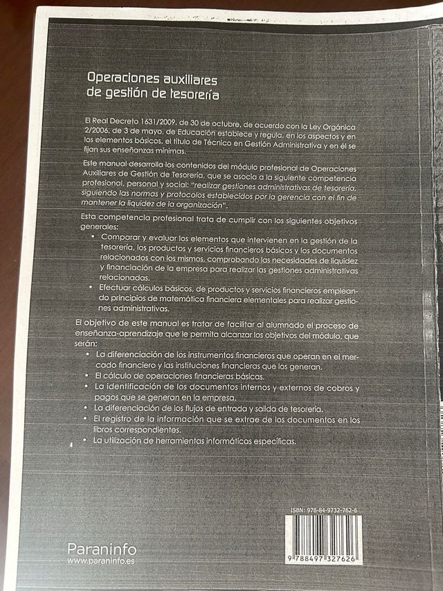 Operaciones auxiliares de gestion de tesorería