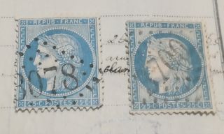 2 sellos Francia 1849-50 25 cts. raros,escasos 50%