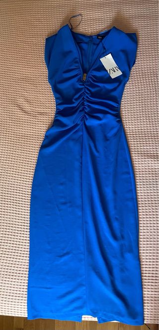Vestido zara azul crepe aplique escote