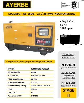 GENERADOR 28KVA INSONORIZADO AYERBE MOTOR LOMBARDI