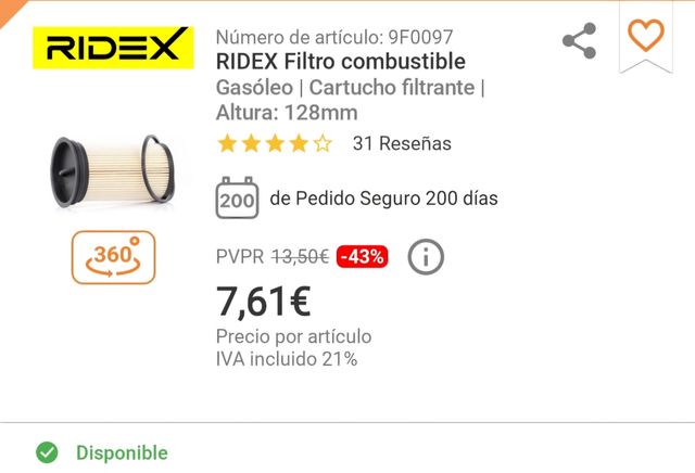 Filtro de combustible BMW 320d