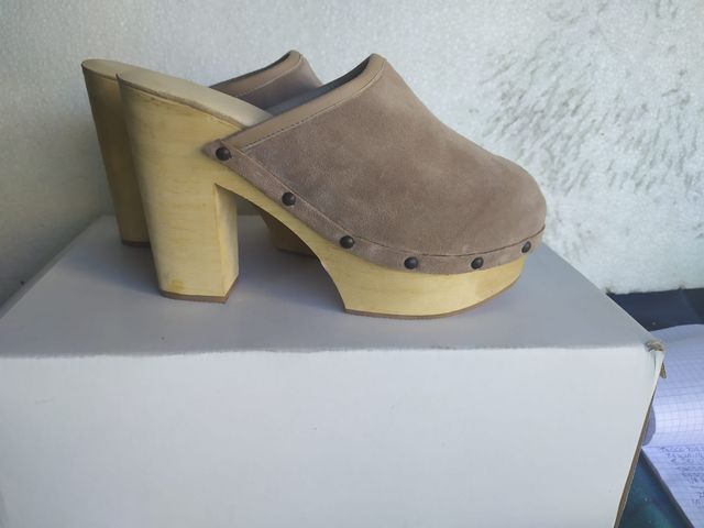 Sabot Donna Zoccoli Chiusi Legno Beige Camoscio 36